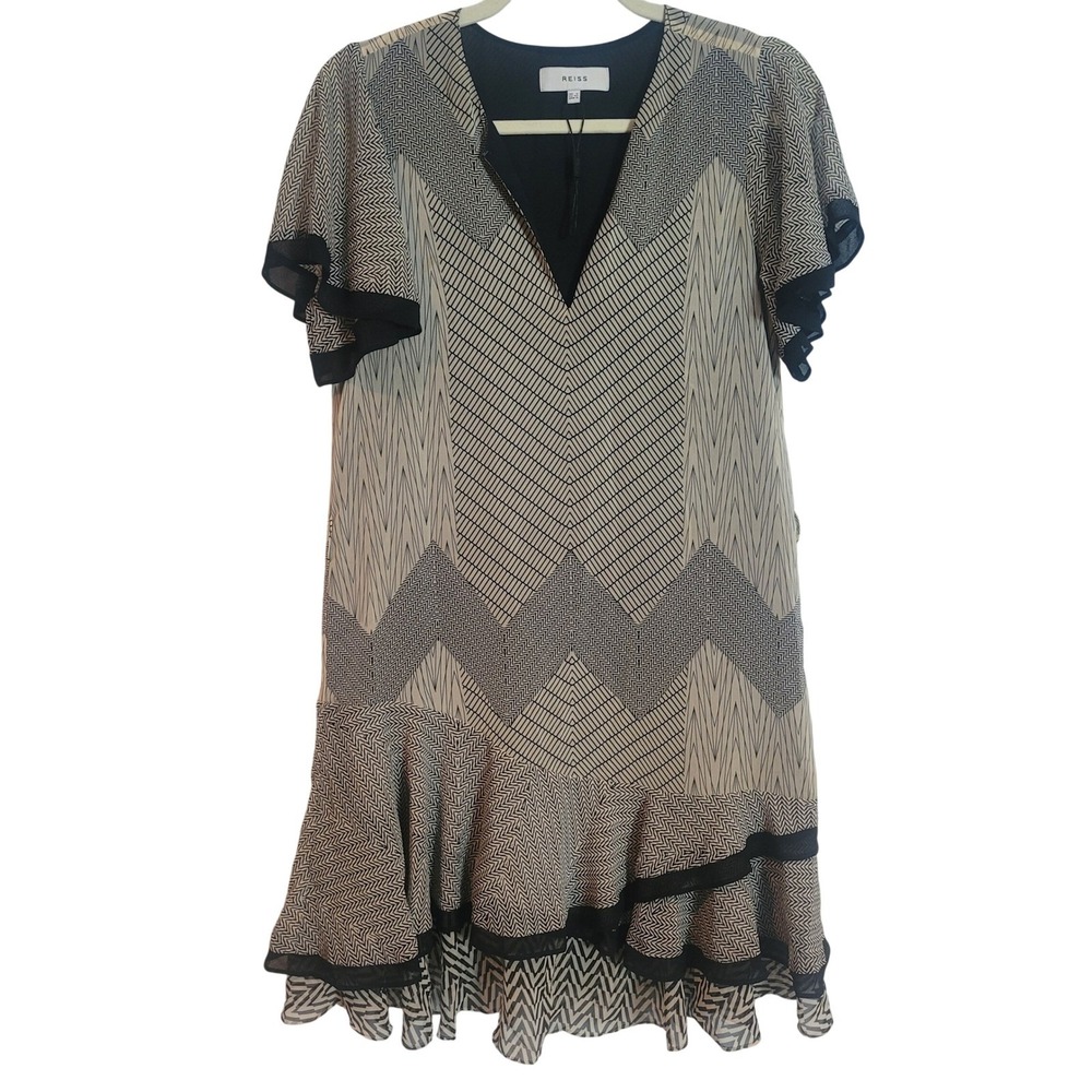 Reiss Hannah Zig-Zag Print Flutter Sleeve Ruffle Hem Mini Dress Size 0 NO BELT